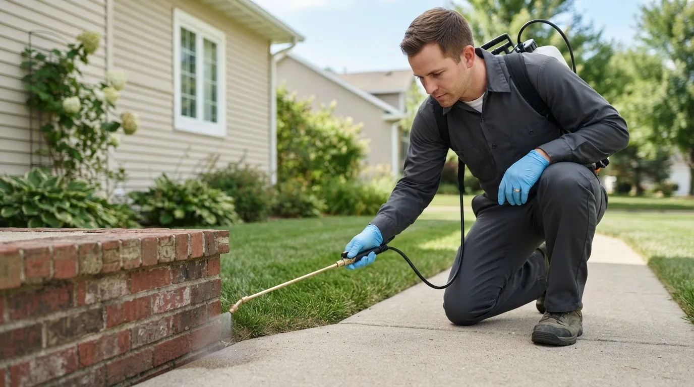 Pest control technician treating a home near Goshen, UT
